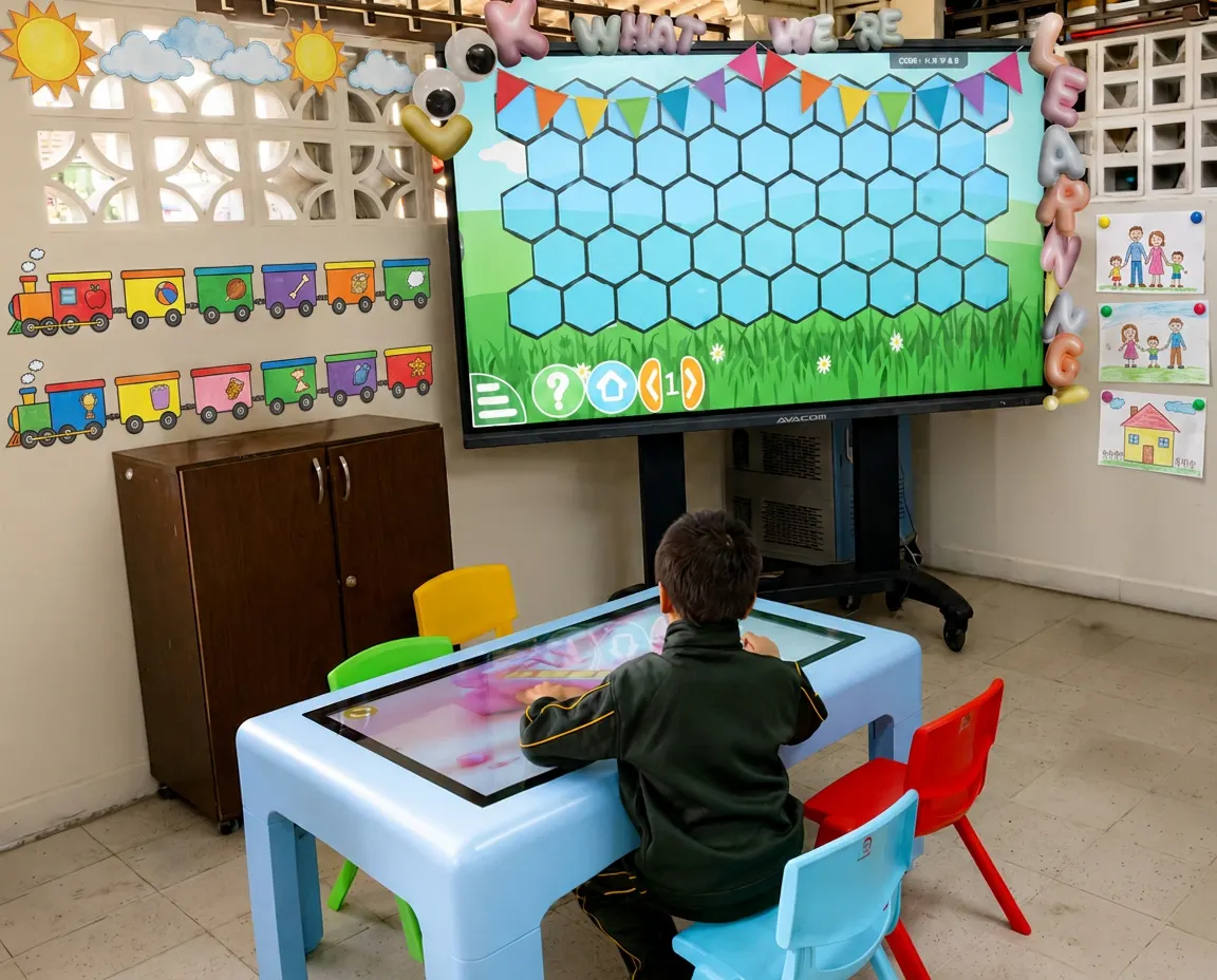 Pre-school child drawing on the touch surface of an interactive table, with the interactive screen switched on at the back