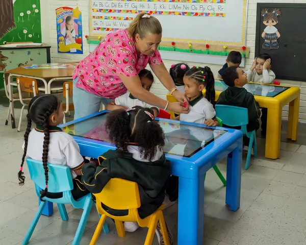 Pre-school teacher leaning over a group of children seated around an interactive table, with a second table behind them