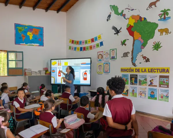 Primary school teacher pointing at the interactive screen before a class seated in rows, beside a painted mural of South America