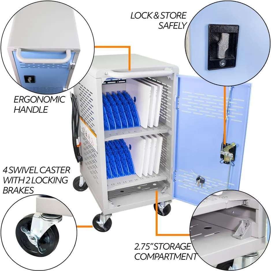 Infographic labelling the lock, the handle, the four swivel castors and the storage compartment