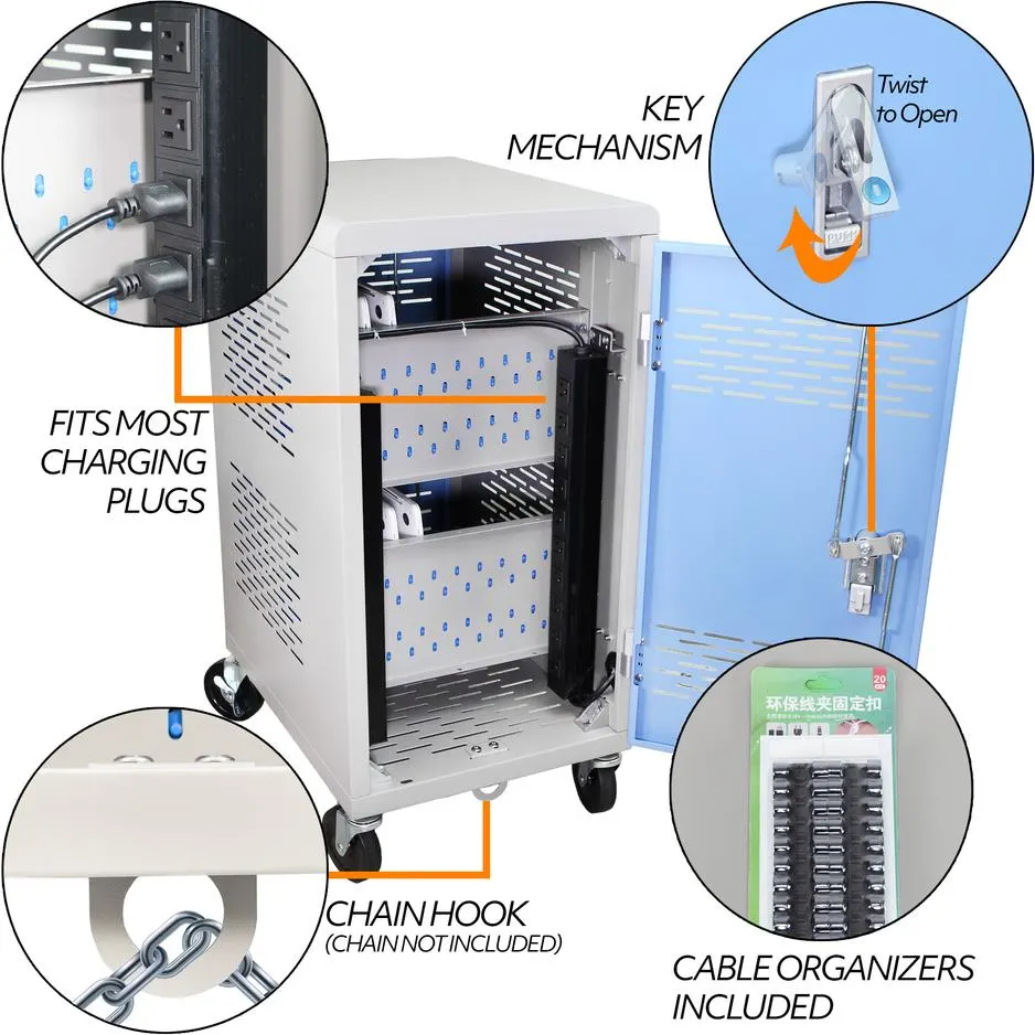 Infographic labelling the key mechanism, the chain hook and the cable organisers