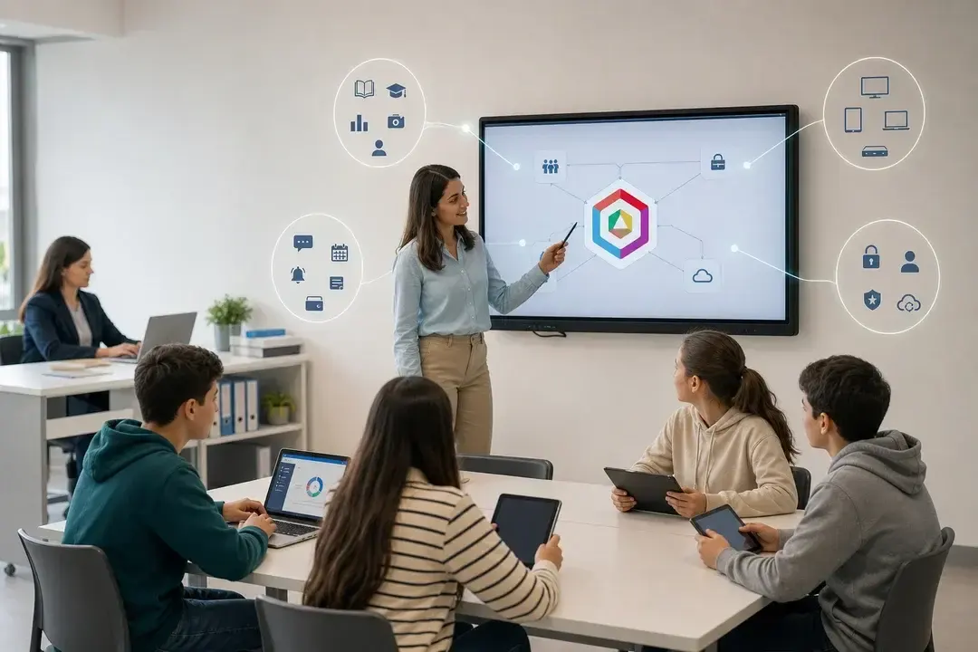 A teacher points at an interactive screen showing a diagram of a central hexagon linked to icons for people, a padlock, a cloud and devices, while four students follow from their tablets and a laptop