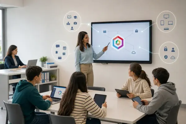 A teacher points at a diagram of connections on the interactive screen while her students follow the lesson on tablets