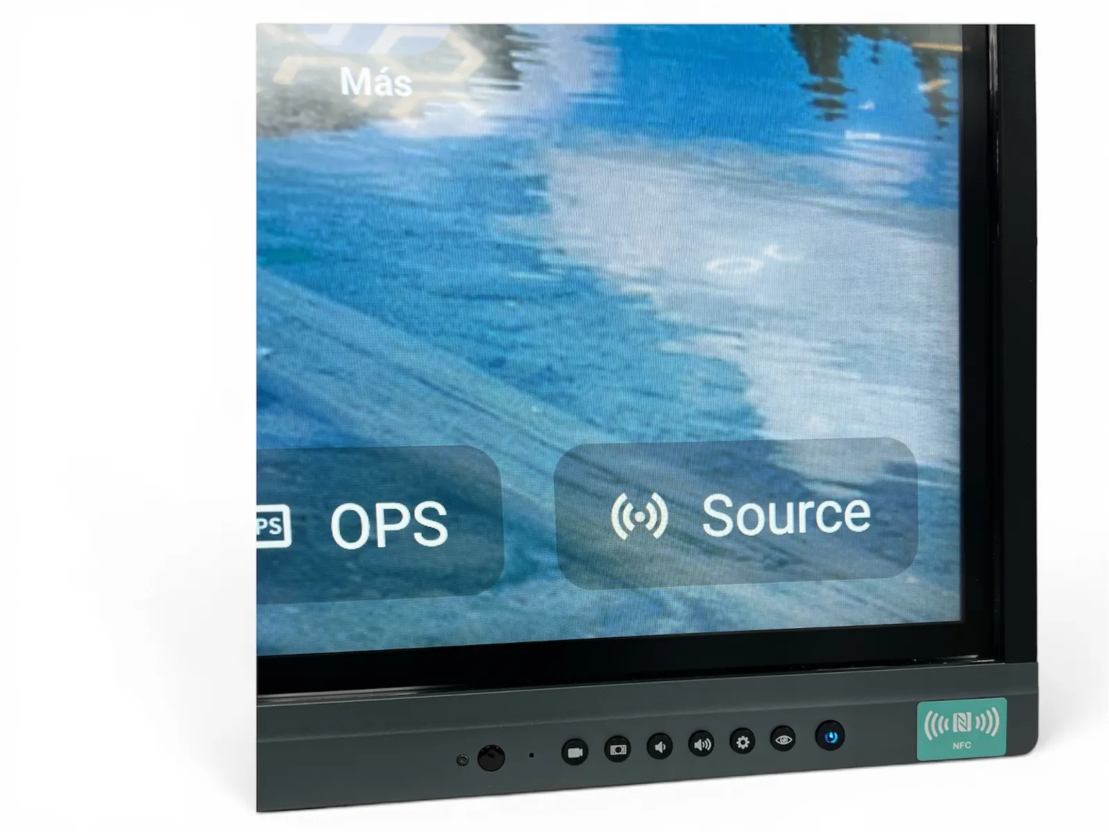 Close-up of the eScreen's physical control buttons and NFC pad