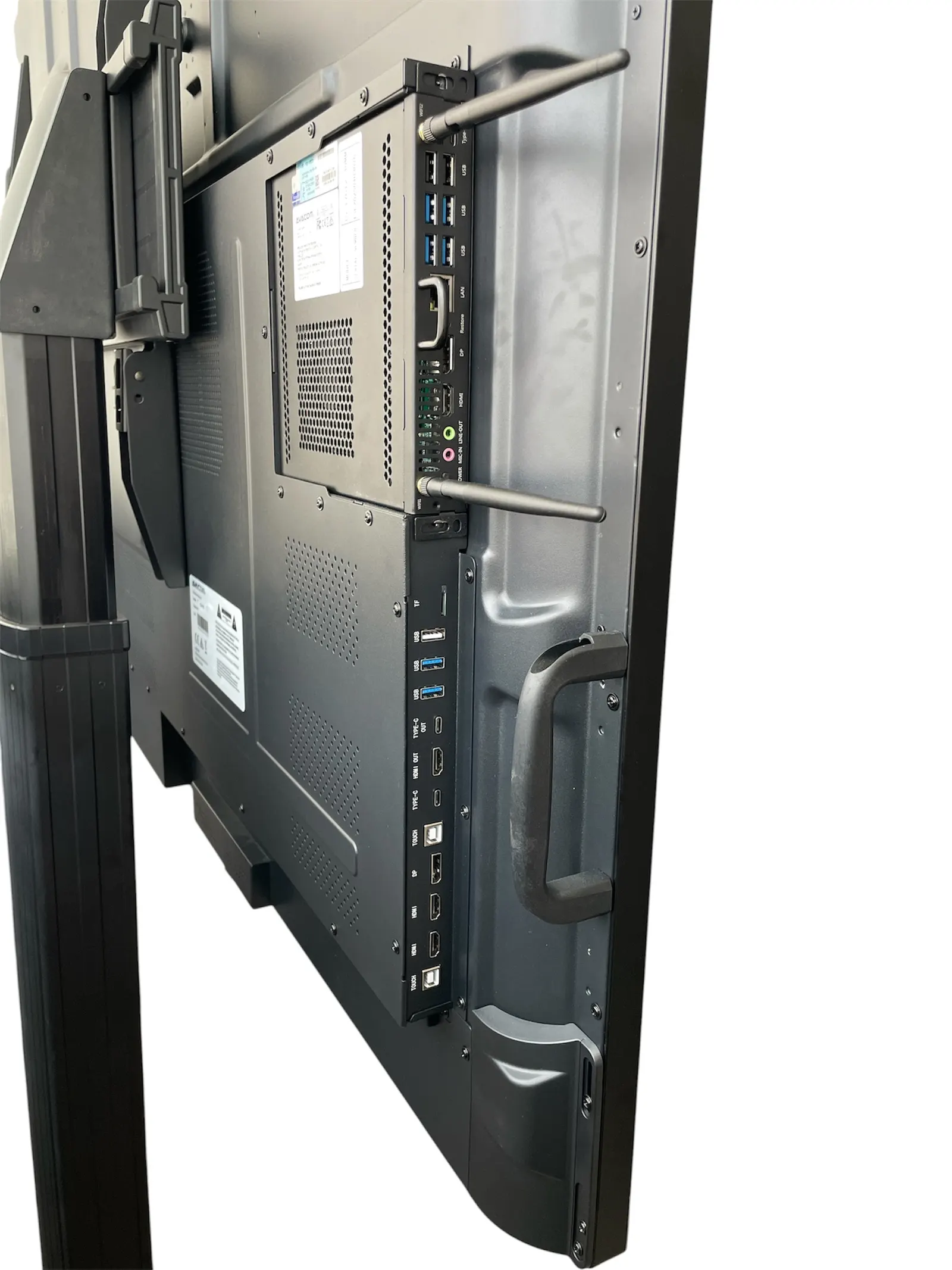 Rear connection panel of the eScreen: OPS module, HDMI, USB, LAN and DisplayPort