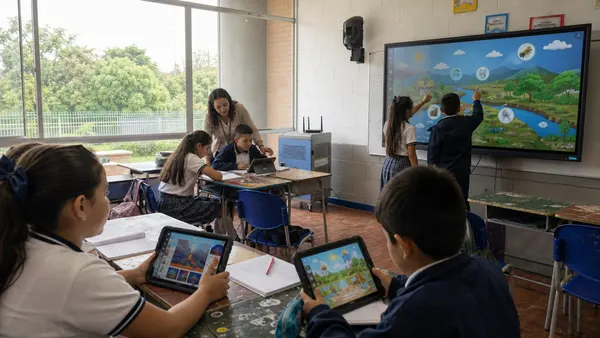 Two students point at content on the interactive screen while the teacher helps others and two more use a tablet and a notebook