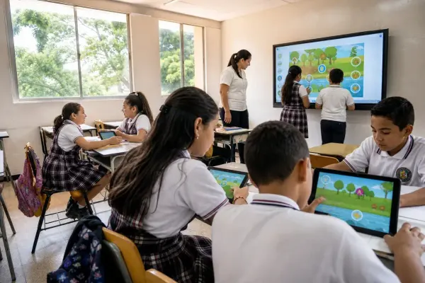 Two students work at the interactive whiteboard with the teacher beside them while the rest of the class use their tablets