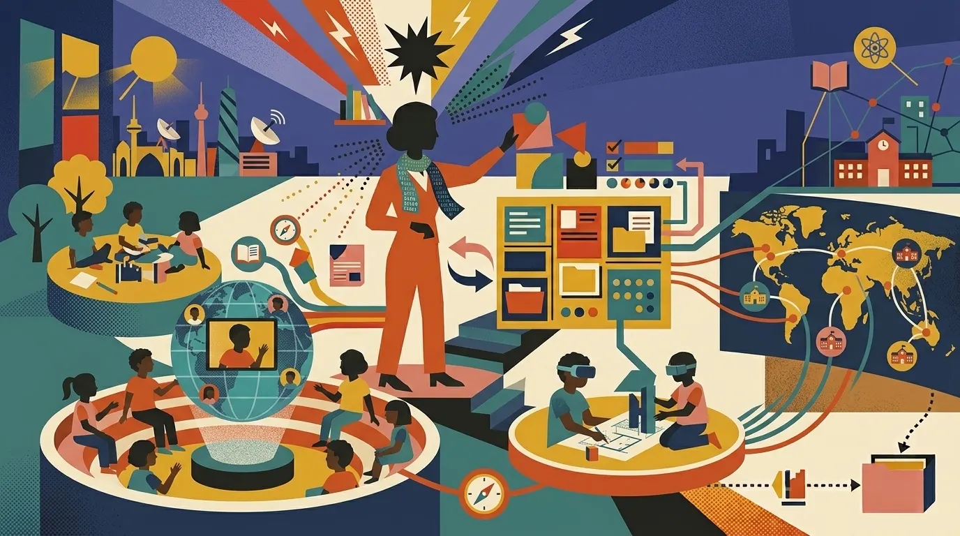 Illustration of a connected classroom, with a teacher at the centre, groups of students working with tablets and virtual reality headsets, a holographic globe and a world map linking several schools
