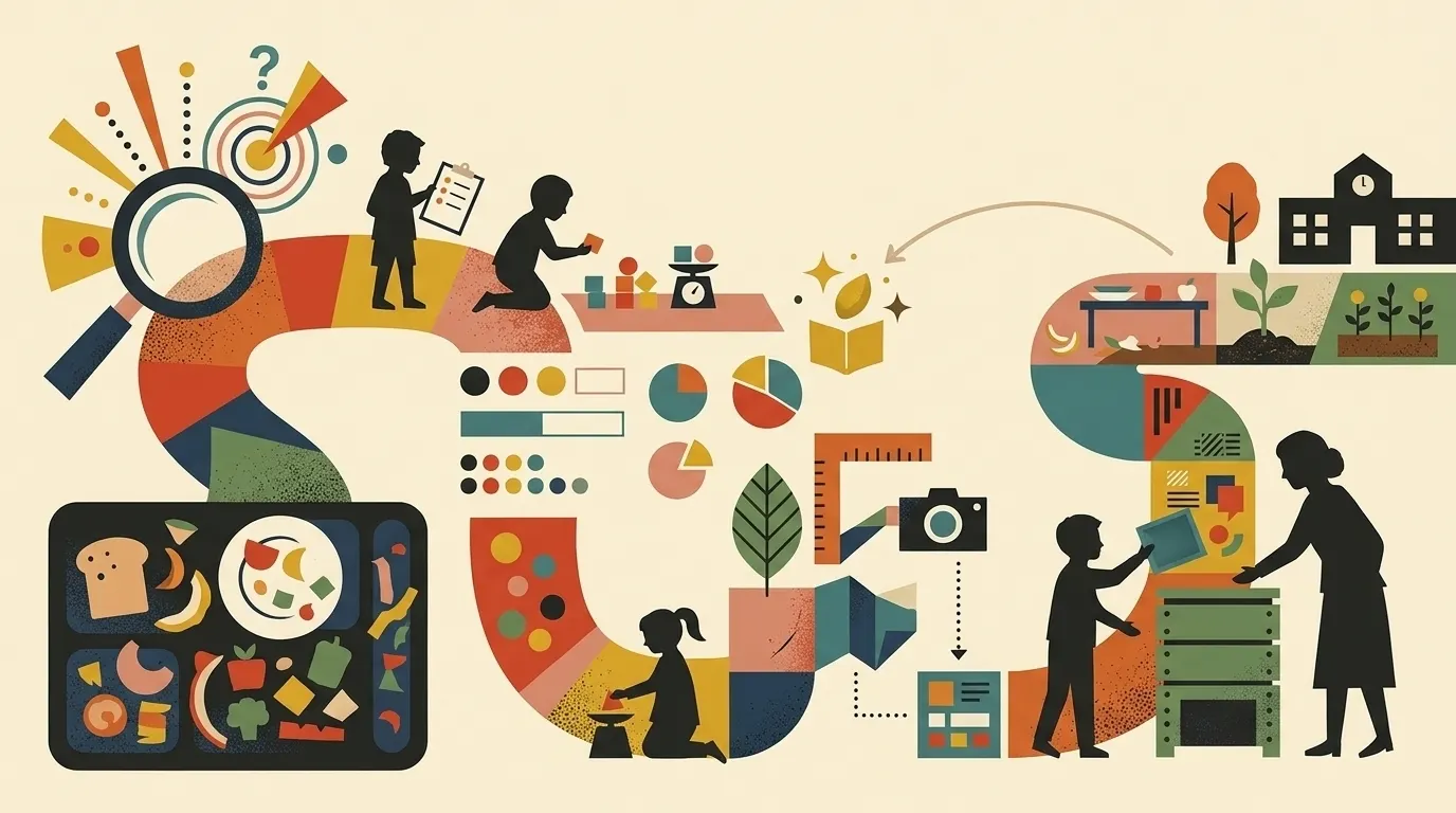 Illustration of a school project on food waste: a canteen tray with leftovers, a magnifying glass, children weighing food on scales and writing down the data, pie charts, a camera, a school vegetable garden and a compost bin beside a teacher and the school building