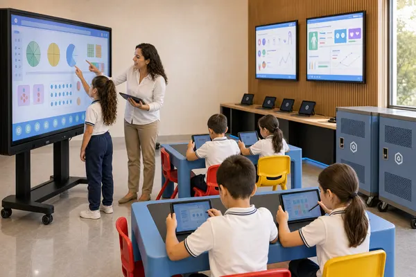 A girl points at a fraction on the interactive screen beside her teacher, with indicator panels on the wall behind