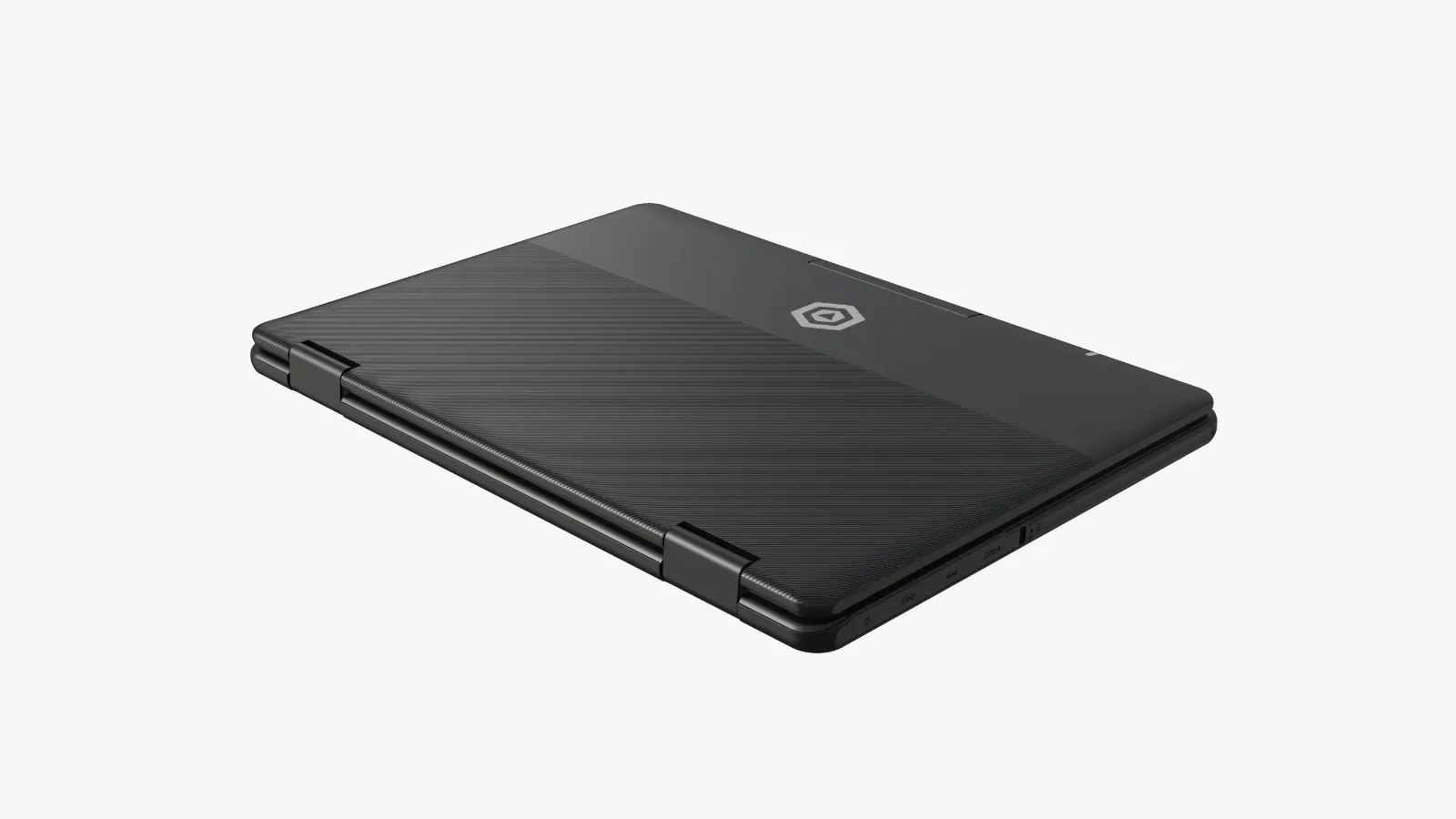 The same laptop closed, seen at an angle