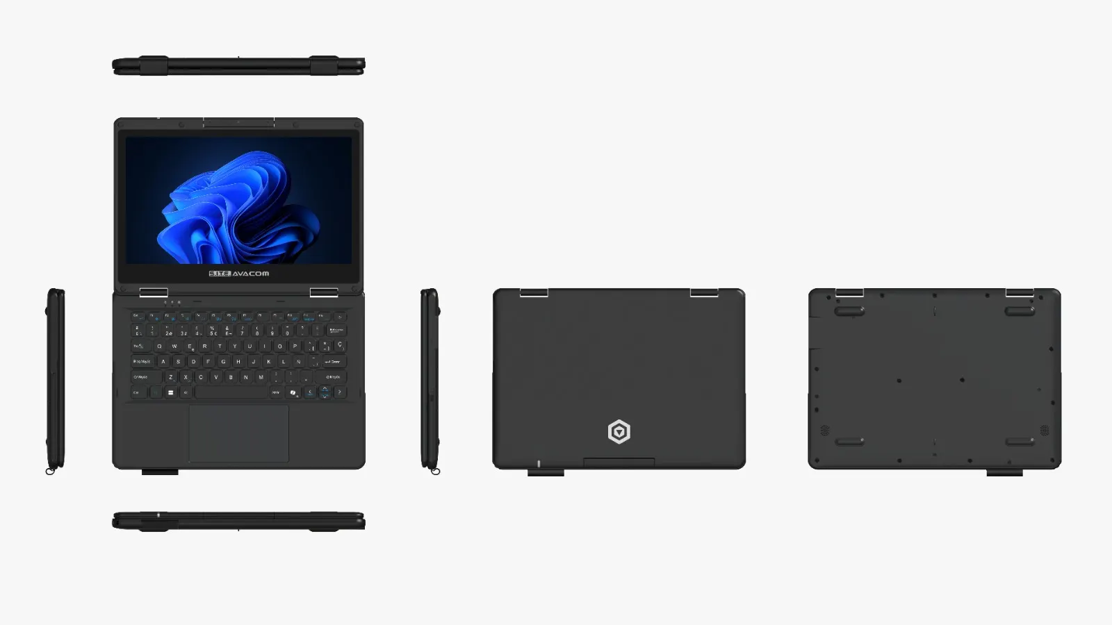 Views of the laptop from several angles: closed, open, both sides and the underside