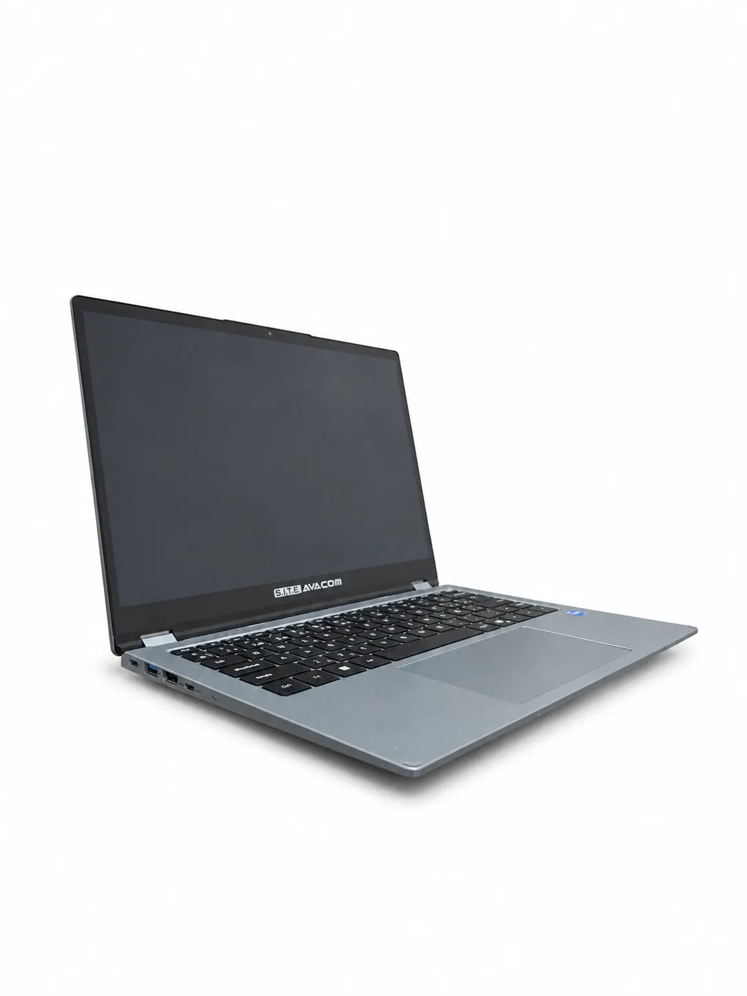The laptop open at an angle, screen switched off