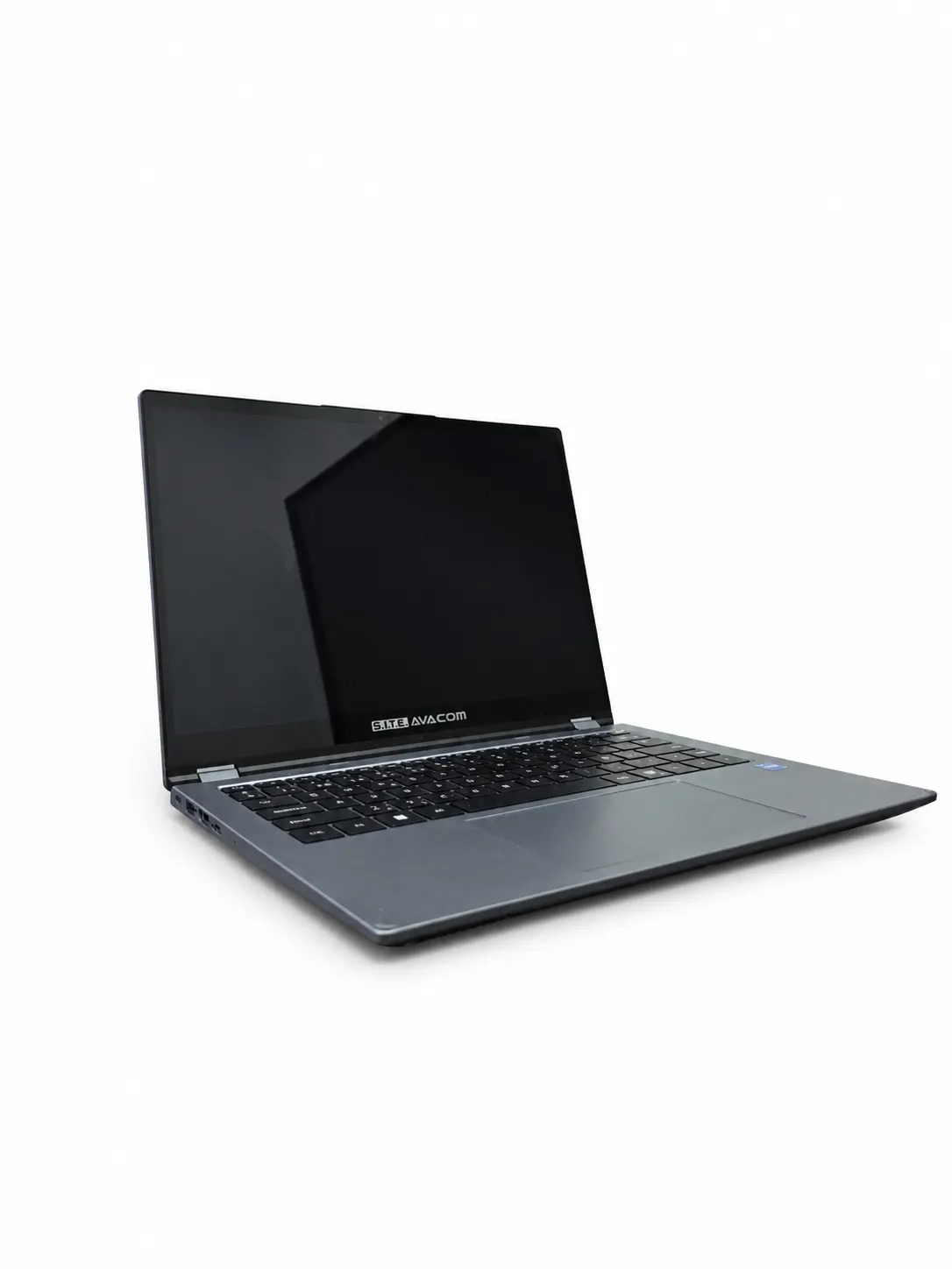 The open laptop seen from the other side, showing the lid and the hinge