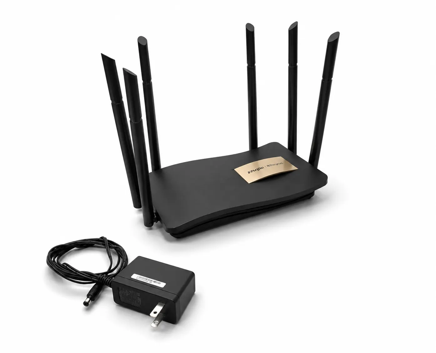The router next to its power adapter and mains cable