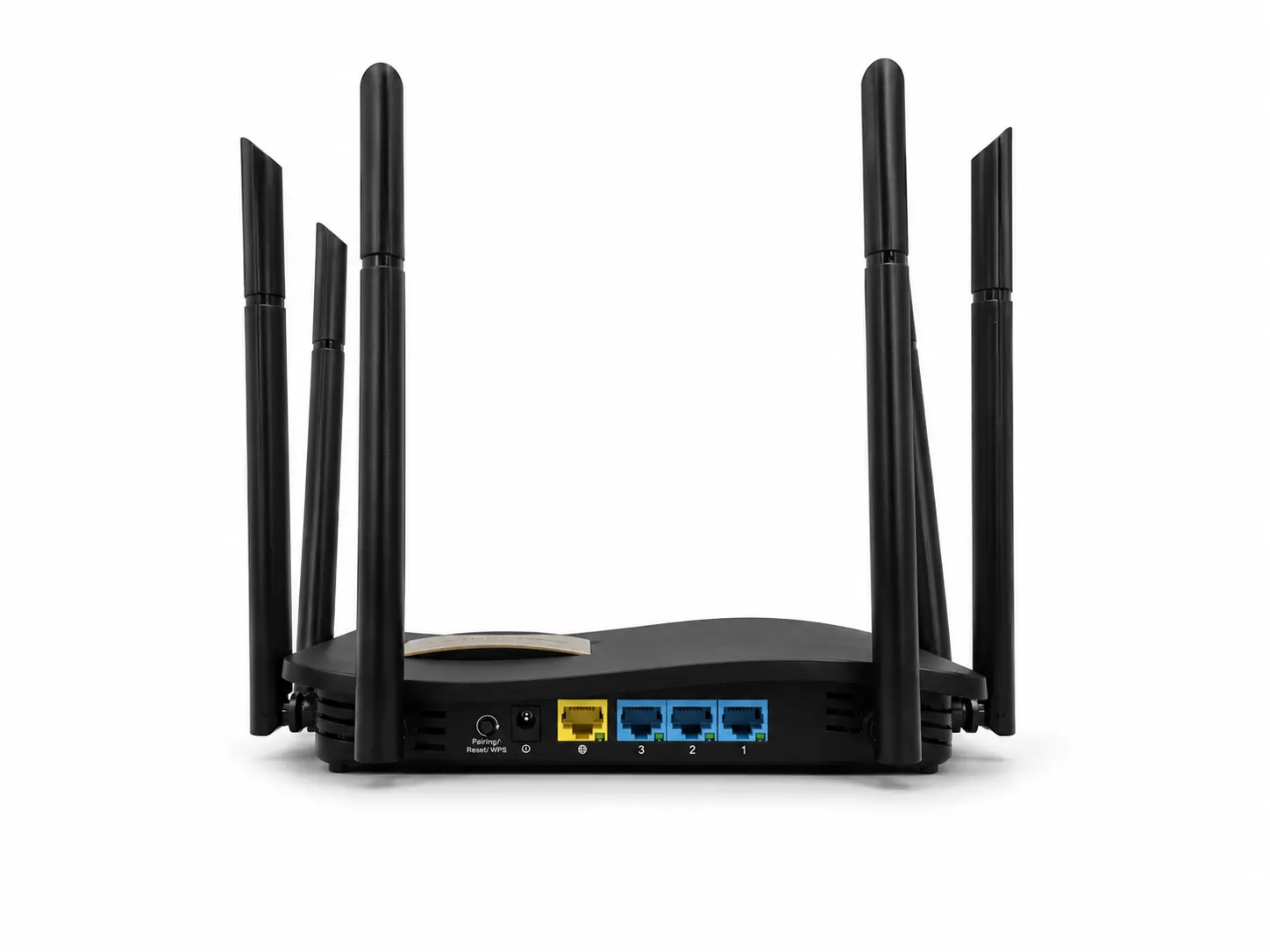 The back of the router, with the yellow uplink port and three blue network ports