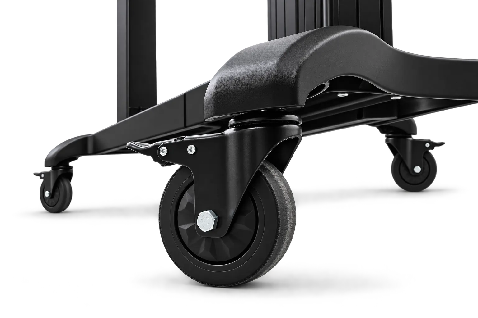 The motorised stand seen up close, showing the height-adjustment column