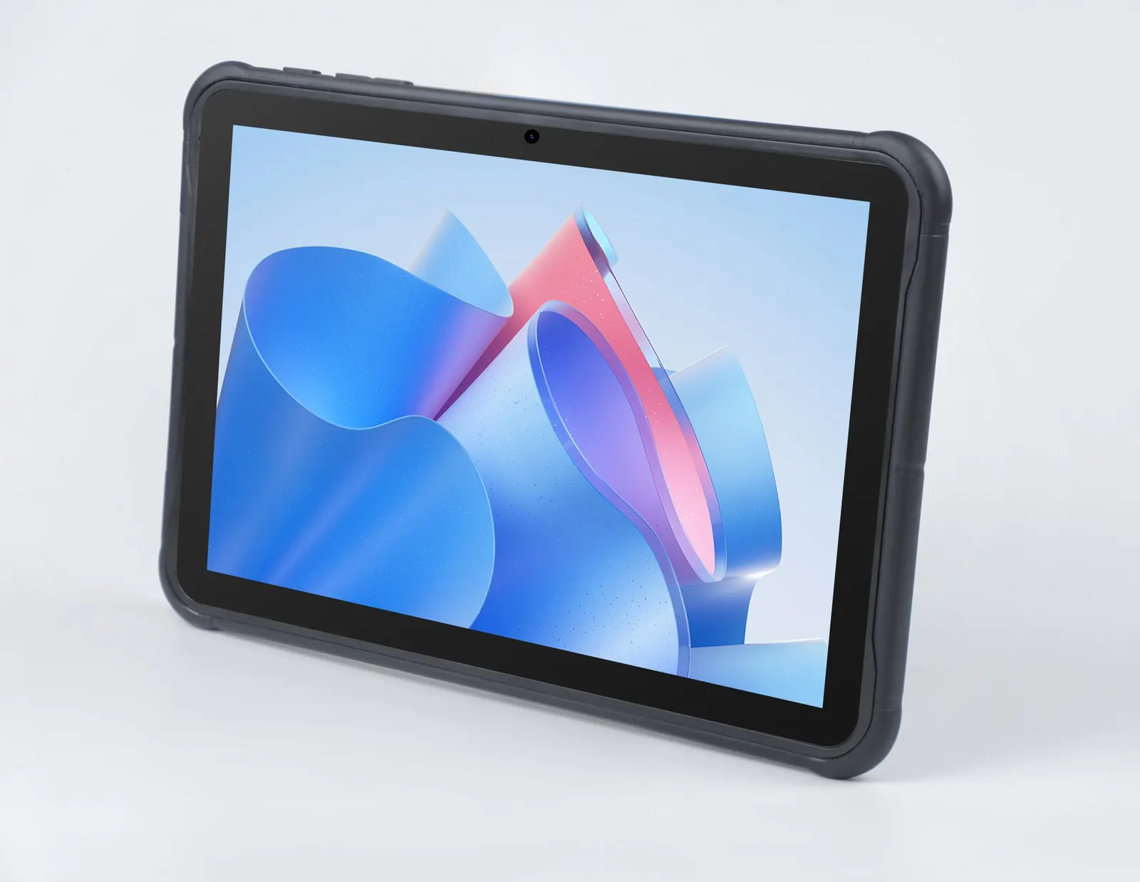 The same tablet at an angle, with the welcome screen on