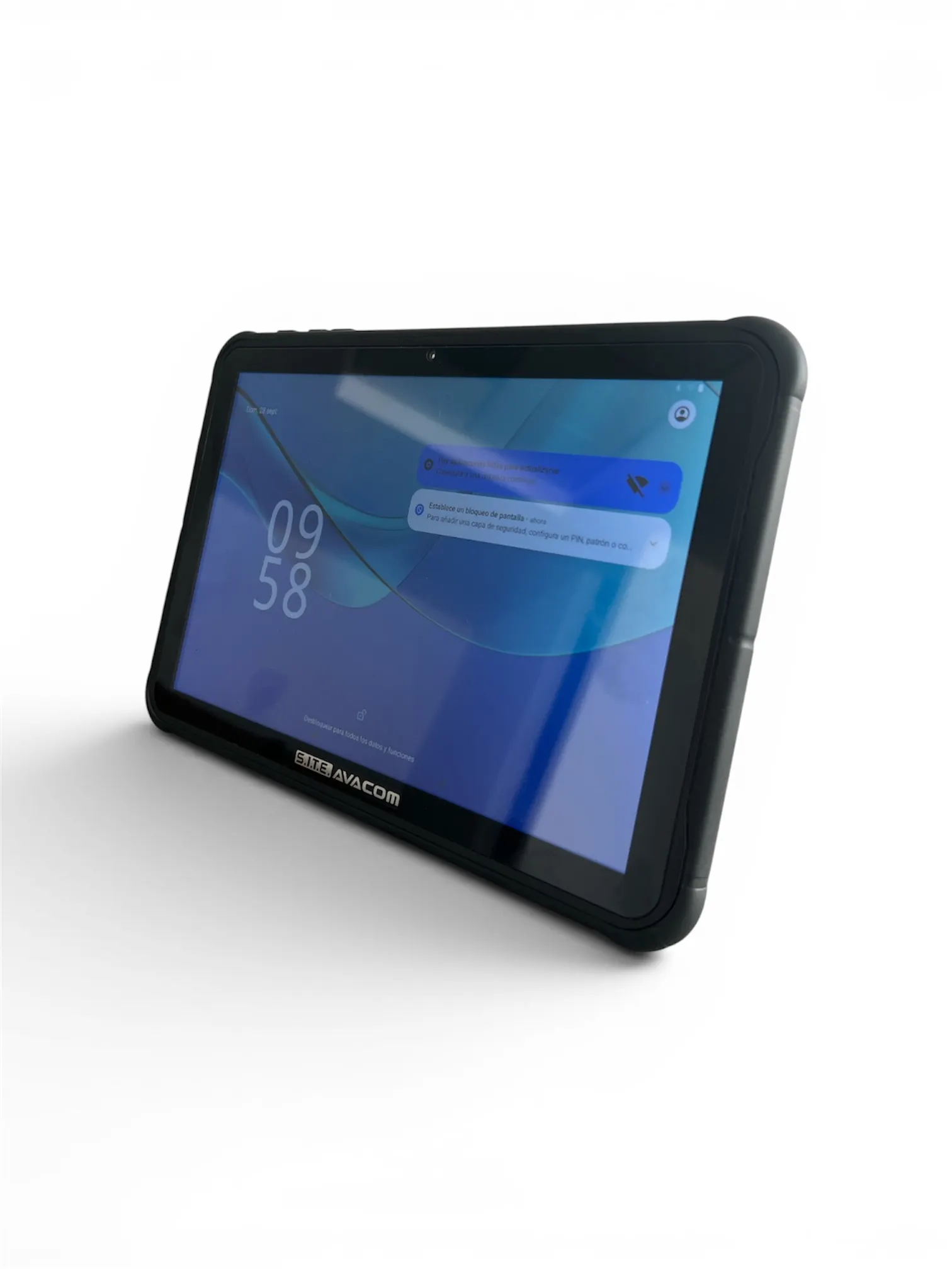 The tablet in portrait orientation, with the lock screen on