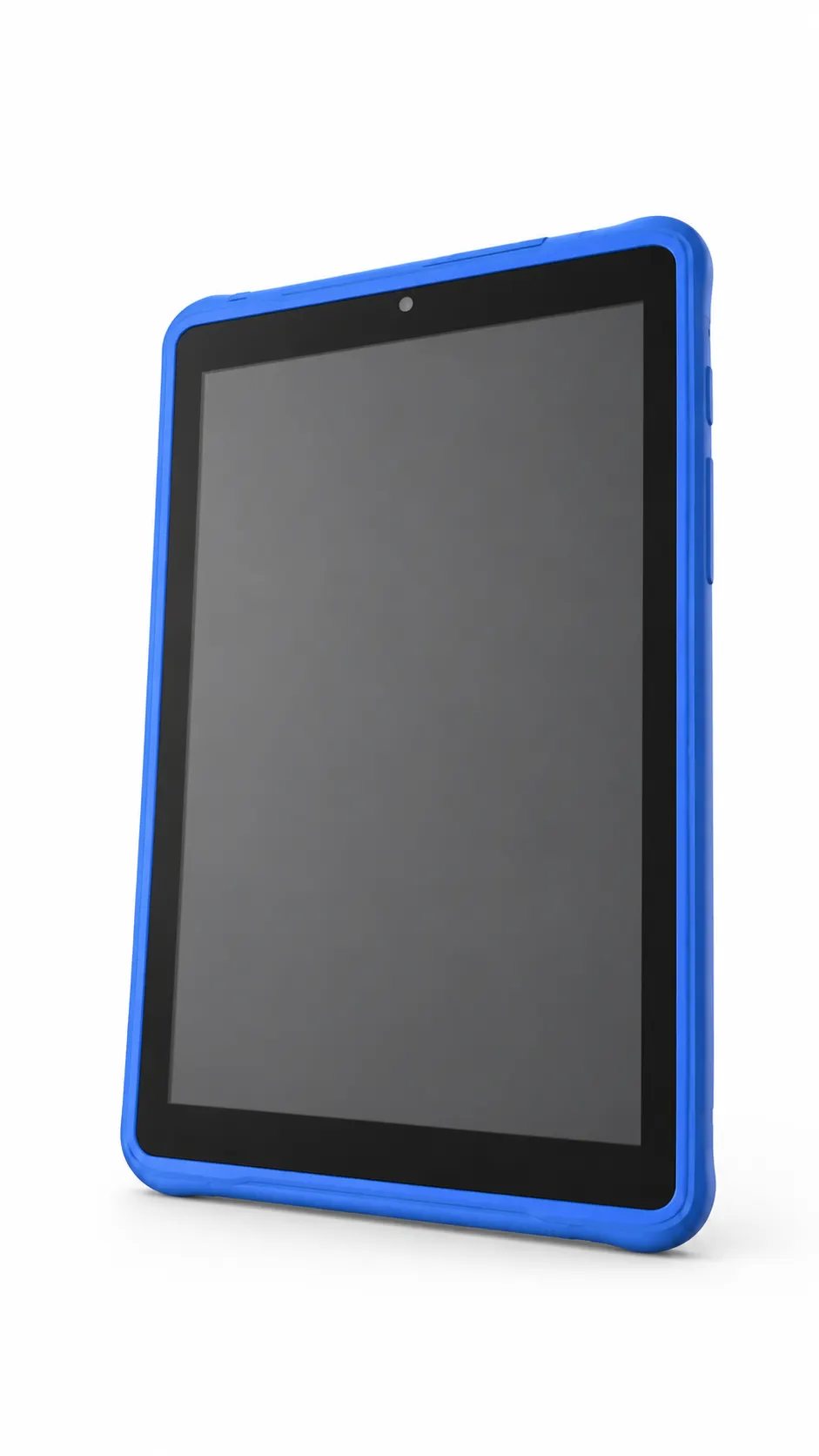 The same tablet in a blue case, screen off