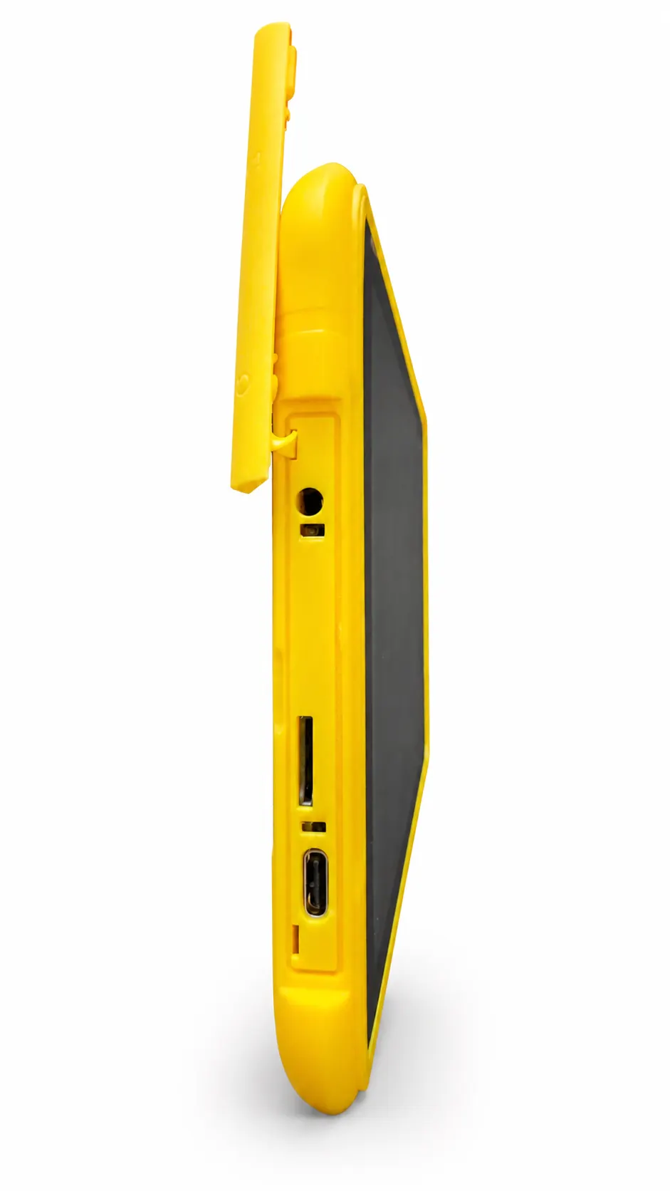 Side profile of the yellow tablet, showing its ports and card slot