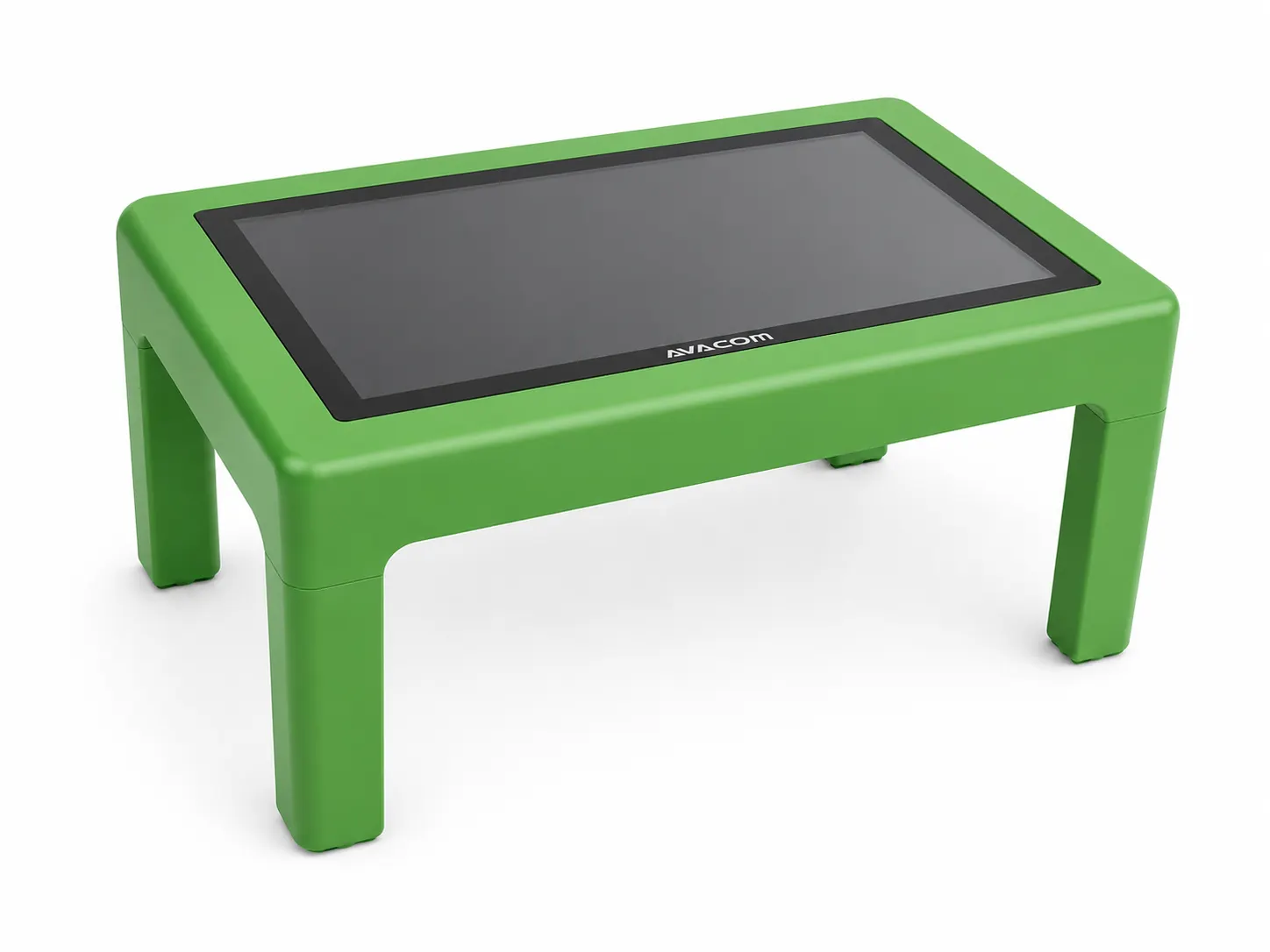 The green interactive table on its own, without chairs, screen switched off