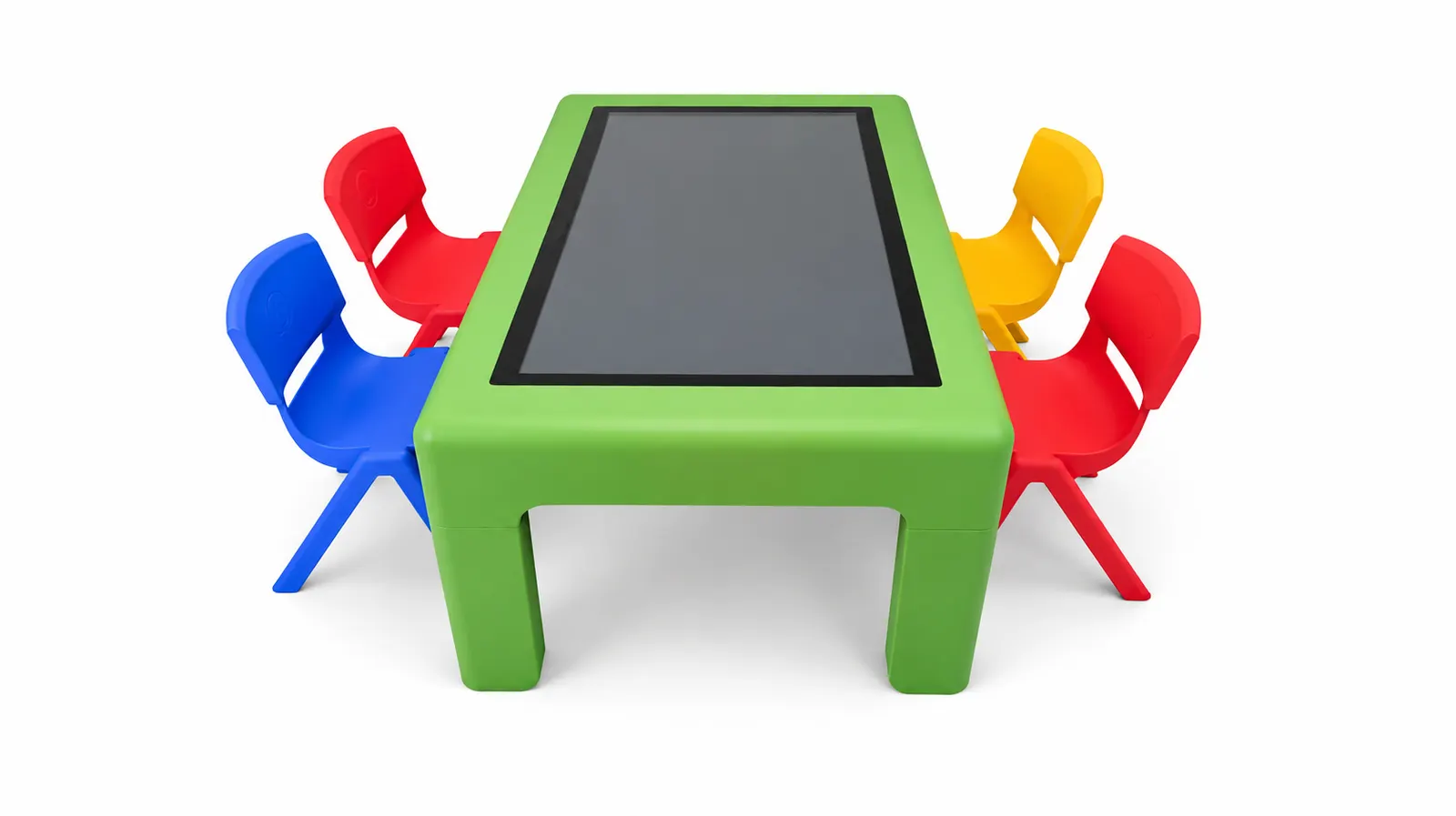 Green interactive table surrounded by four blue, red and yellow chairs