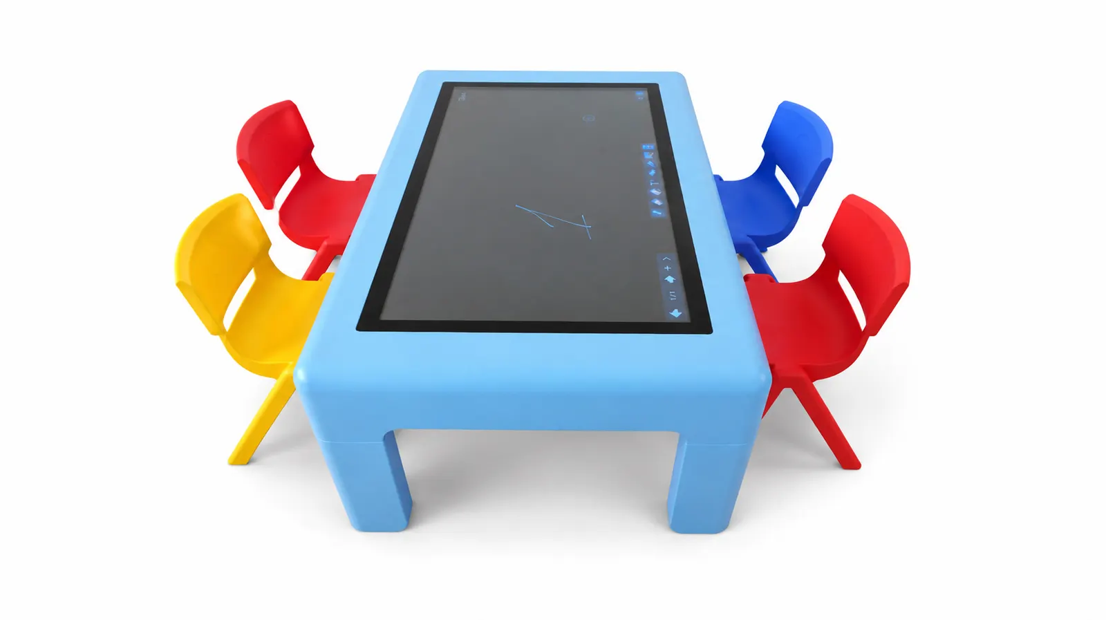 Blue interactive table with four coloured chairs around it