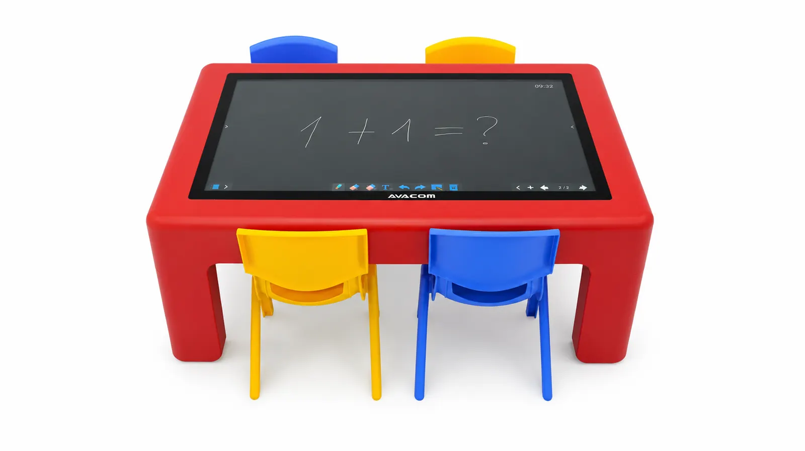 Red interactive table with two chairs and the sum '1 + 1 = ?' on the screen